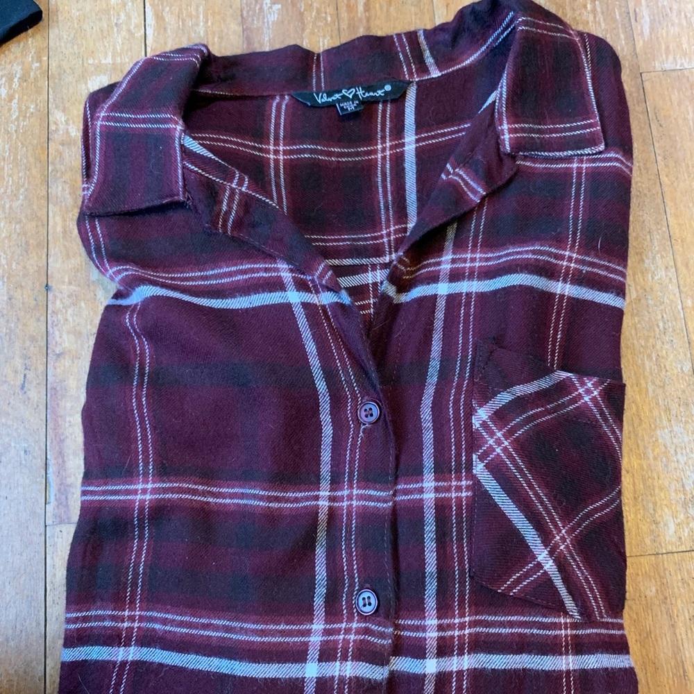 Burgundy tunic-length flannel button down